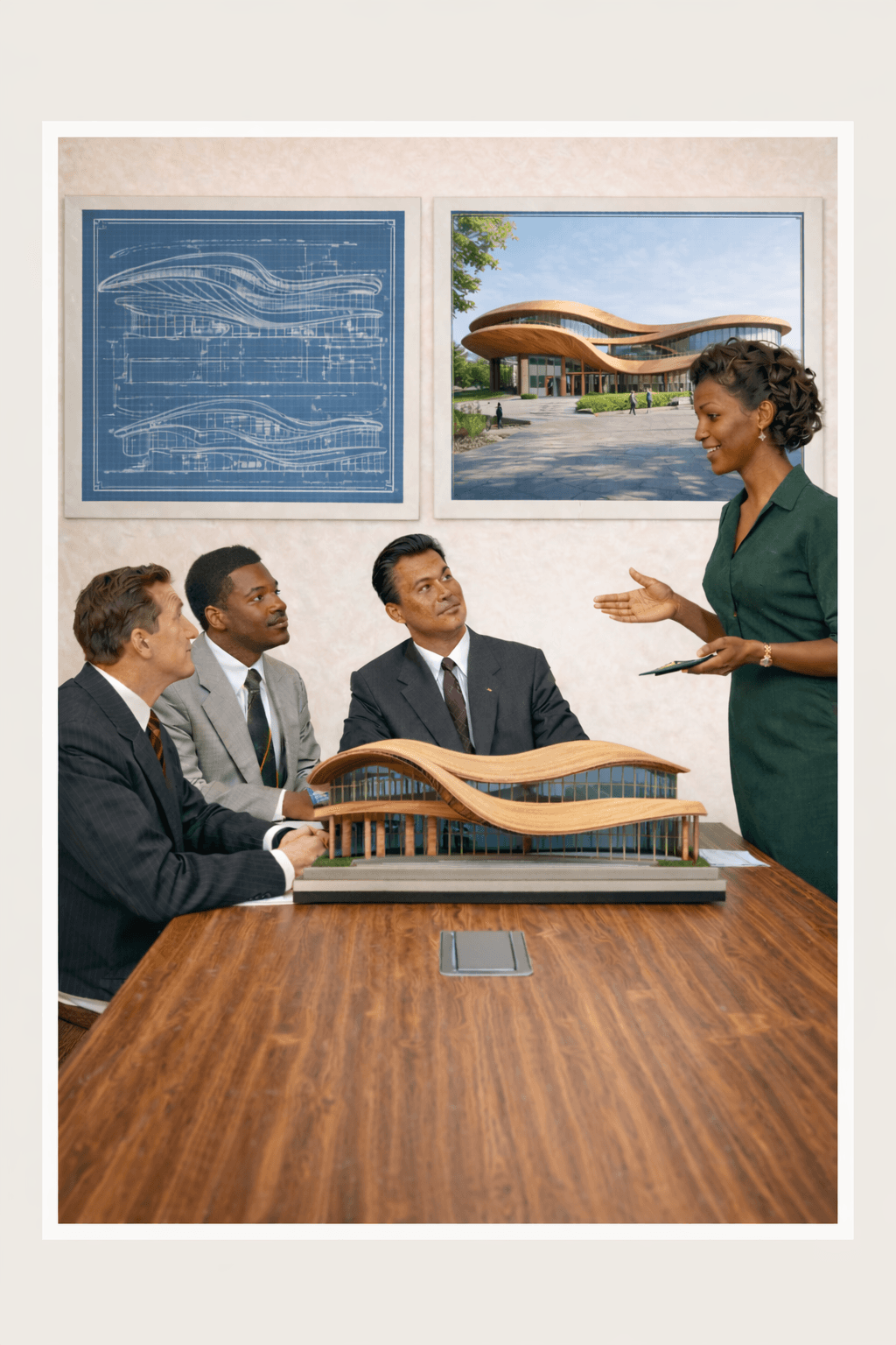 Professionals reviewing architectural plans and building model